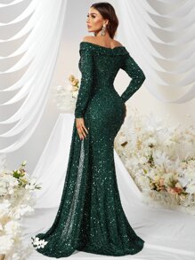 YISIKADO Off Shoulder Draped Sequin Formal Dress, Elegant Long Sleeve Prom Evening Wedding Guest Gown, For Graduation, Dinner - Dark Green - View 3