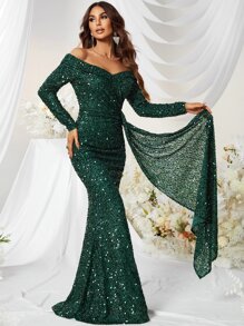 YISIKADO Off Shoulder Draped Sequin Formal Dress, Elegant Long Sleeve Prom Evening Wedding Guest Gown, For Graduation, Dinner - Dark Green - View 4