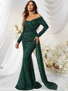 YISIKADO Off Shoulder Draped Sequin Formal Dress, Elegant Long Sleeve Prom Evening Wedding Guest Gown, For Graduation, Dinner - Dark Green - View 7