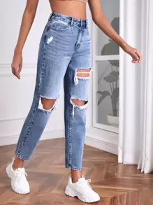 SHEIN Tall High Waist Ripped Mom Fit Jeans - Light Wash - View 1