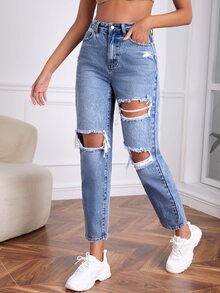 SHEIN Tall High Waist Ripped Mom Fit Jeans - Light Wash - View 4