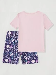 Toddler Girls Cartoon Graphic Tee & Floral Print Shorts Snug Fit PJ Set - Multicolor - View 2