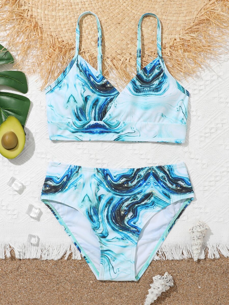 Tween Girl Marble Print Bikini Set Summer Beach - Multicolor - View 1