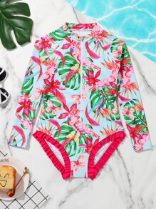 Girls Tropical Print Frill Trim Zip Front One Piece Swimsuit - Multicolor - View 1