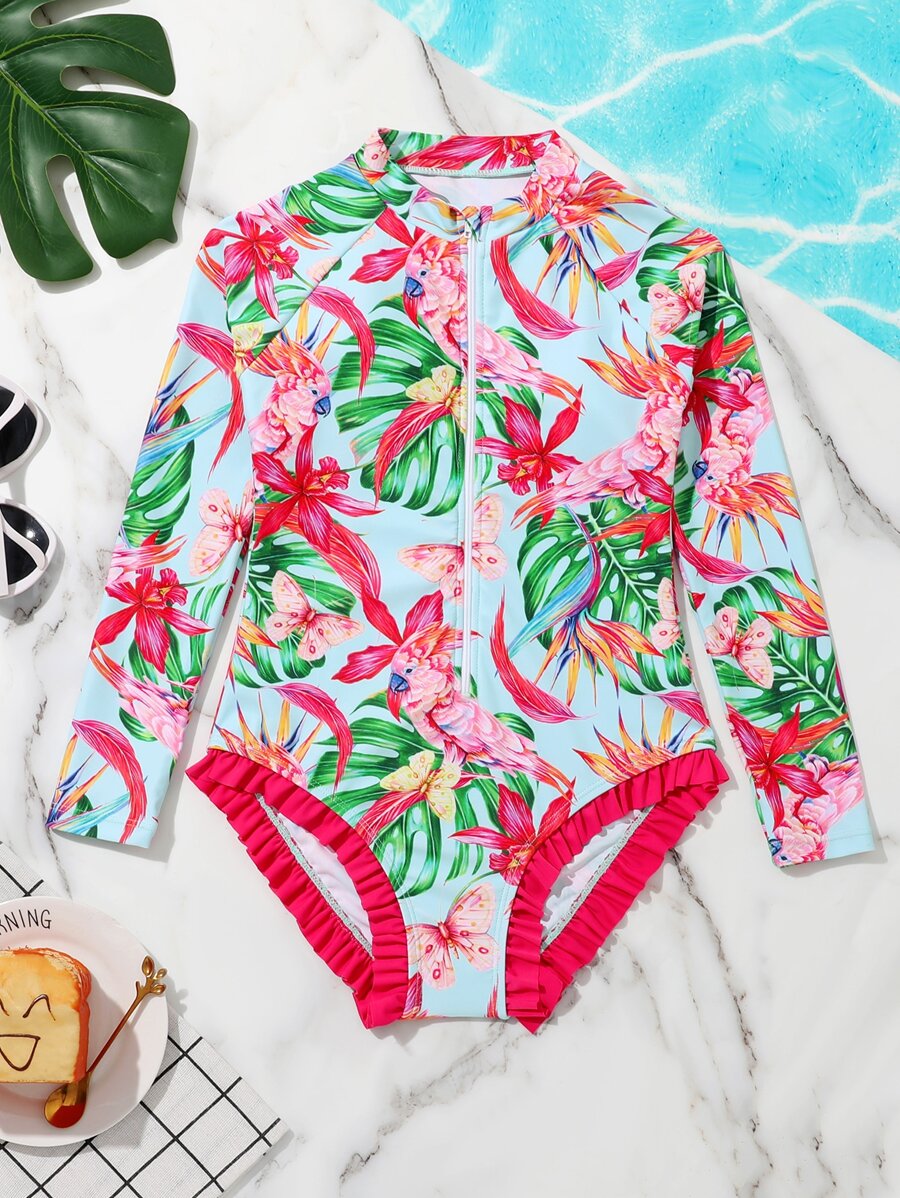 Girls Tropical Print Frill Trim Zip Front One Piece Swimsuit - Multicolor - View 1