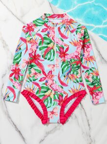 Girls Tropical Print Frill Trim Zip Front One Piece Swimsuit - Multicolor - View 5