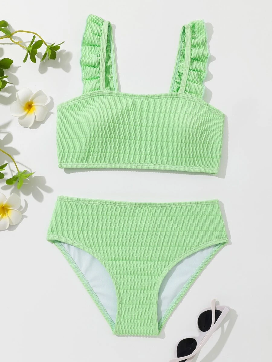 Tween Girl 纯色荷叶边比基尼套装 夏季海滩 - 綠色 - 查看 1