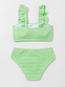 Tween Girl 纯色荷叶边比基尼套装 夏季海滩 - 綠色 - 查看 2