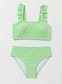 Tween Girl 纯色荷叶边比基尼套装 夏季海滩 - 綠色 - 查看 5