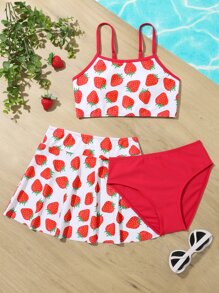 Tween Girl Strawberry Print Bikini Set With Beach Skirt Summer Beach