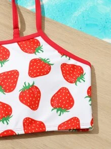 Tween Girl Strawberry Print Bikini Set With Beach Skirt Summer Beach