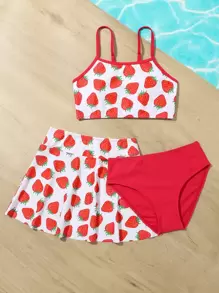 Tween Girl Strawberry Print Bikini Set With Beach Skirt Summer Beach