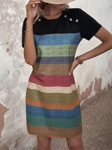 EMERY ROSE Color Block Button Detail Tee Dress - Black - View 3