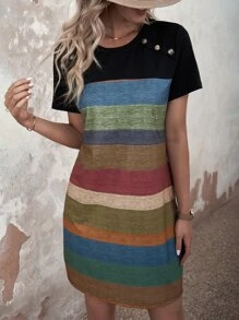 EMERY ROSE Color Block Button Detail Tee Dress - Black - View 4