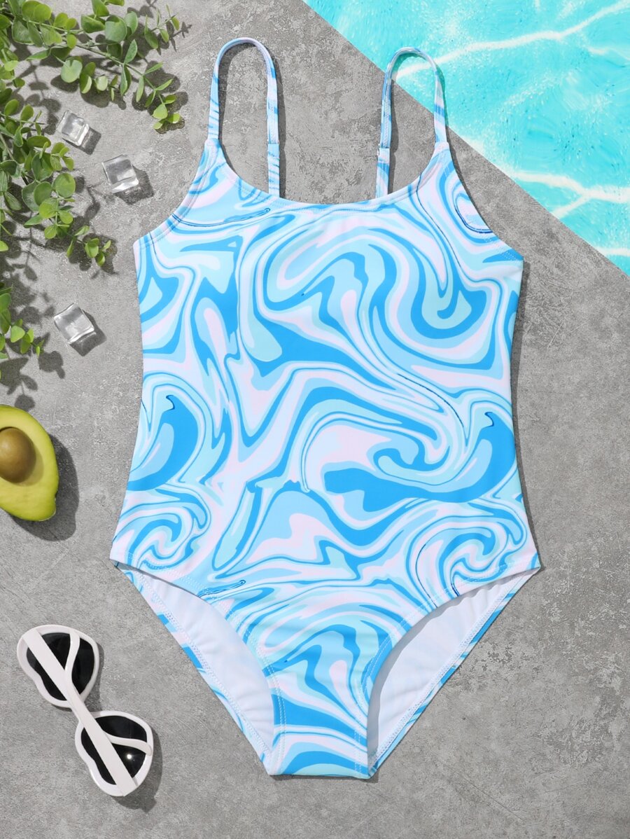Tween Girl Fluid Pattern One Piece Swimsuit - Blue and White - View 1