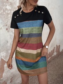 EMERY ROSE Color Block Button Detail Tee Dress - Black - View 5