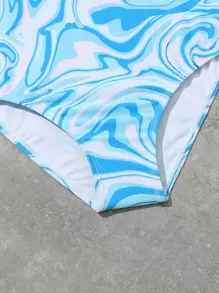 Tween Girl Fluid Pattern One Piece Swimsuit - Blue and White - View 3