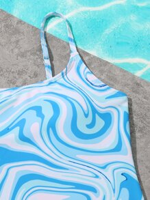 Tween Girl Fluid Pattern One Piece Swimsuit - Blue and White - View 4