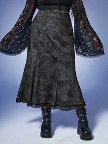 ROMWE Goth 大碼印花蕾絲邊魚尾短裙 - 深灰色 - 查看 1