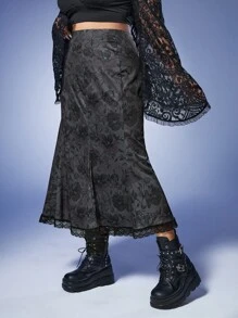 ROMWE Goth 大碼印花蕾絲邊魚尾短裙 - 深灰色 - 查看 4