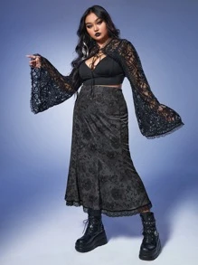 ROMWE Goth 大碼印花蕾絲邊魚尾短裙 - 深灰色 - 查看 5