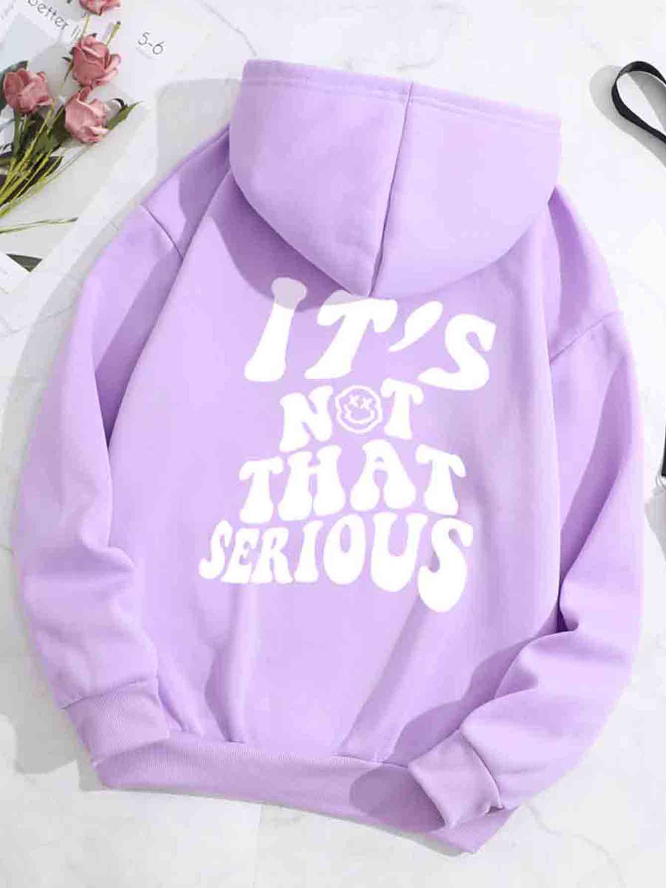 SHEIN EZwear Slogan Graphic Drawstring Thermal Lined Hoodie - Lilac Purple - View 1