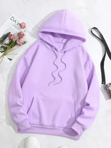 SHEIN EZwear Slogan Graphic Drawstring Thermal Lined Hoodie - Lilac Purple - View 2