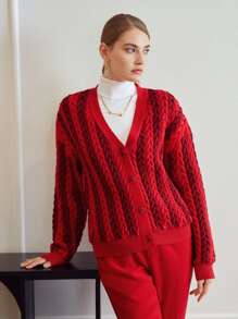 MOTF PREMIUM WOOL-MIX CHUNKY CABLE KNIT CARDIGAN - Red - View 2