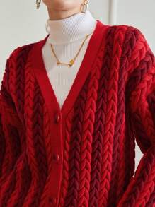 MOTF PREMIUM WOOL-MIX CHUNKY CABLE KNIT CARDIGAN - Red - View 3