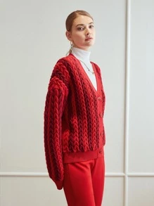 MOTF PREMIUM WOOL-MIX CHUNKY CABLE KNIT CARDIGAN - Red - View 4