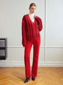 MOTF PREMIUM WOOL-MIX CHUNKY CABLE KNIT CARDIGAN - Red - View 5