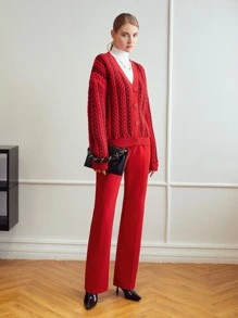 MOTF PREMIUM WOOL-MIX CHUNKY CABLE KNIT CARDIGAN - Red - View 7