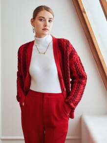 MOTF PREMIUM WOOL-MIX CHUNKY CABLE KNIT CARDIGAN - Red - View 8