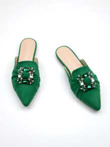 Rhinestone Decor Point Toe Faux Suede Flat Mules - Green - View 1