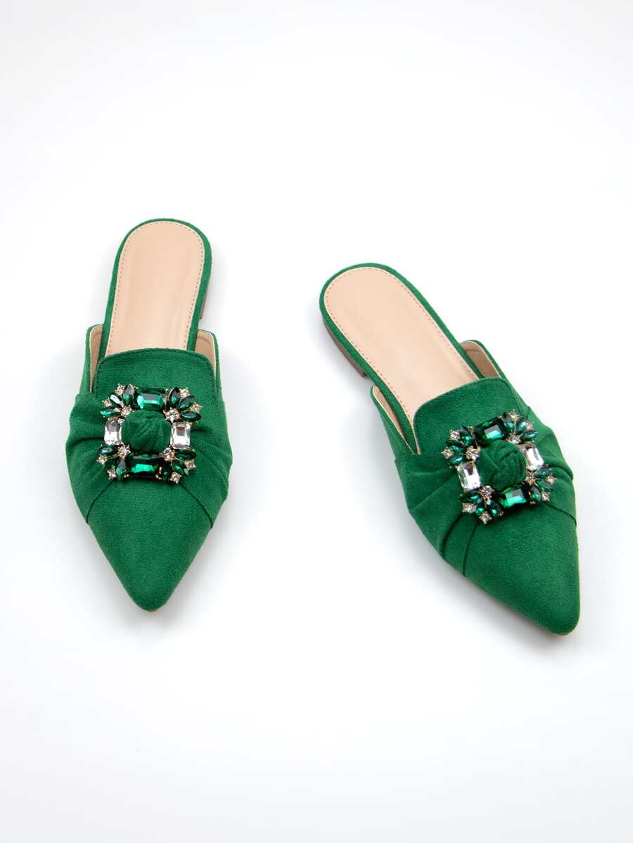 Rhinestone Decor Point Toe Faux Suede Flat Mules - Green - View 1