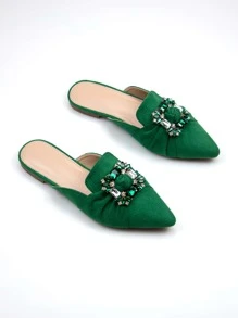 Rhinestone Decor Point Toe Faux Suede Flat Mules - Green - View 2