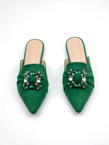 Rhinestone Decor Point Toe Faux Suede Flat Mules - Green - View 3