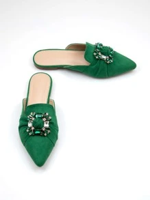 Rhinestone Decor Point Toe Faux Suede Flat Mules - Green - View 4