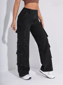 Solid Flap Pocket Cargo Jeans - Black - View 1