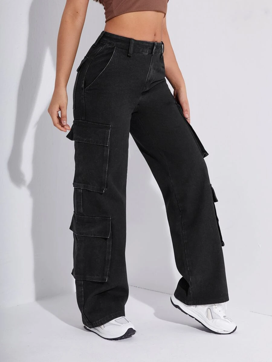 Solid Flap Pocket Cargo Jeans - Black - View 1