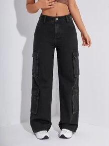 Solid Flap Pocket Cargo Jeans - Black - View 4