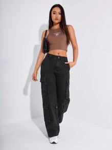 Solid Flap Pocket Cargo Jeans - Black - View 6