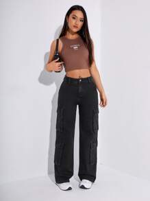 Solid Flap Pocket Cargo Jeans - Black - View 3