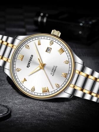 KINYUED Men Rhinestone Decor Mechanical Watch