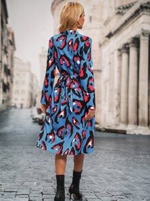 SHEIN LUNE Allover Print Tie Back Shirt Dress - Blue - View 2