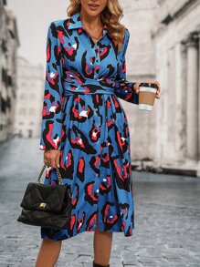 SHEIN LUNE Allover Print Tie Back Shirt Dress - Blue - View 5