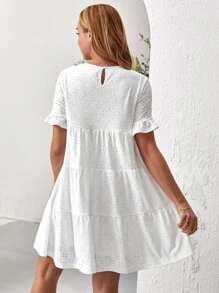 SHEIN Maternity Eyelet Embroidery Flounce Sleeve Ruffle Hem Smock Dress - White - View 2