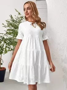 SHEIN Maternity Eyelet Embroidery Flounce Sleeve Ruffle Hem Smock Dress - White - View 1