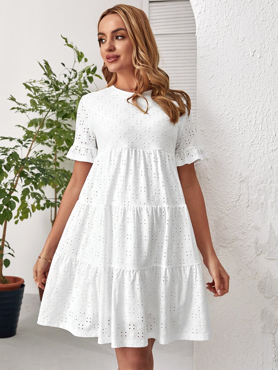 SHEIN Maternity Eyelet Embroidery Flounce Sleeve Ruffle Hem Smock Dress - White - View 1