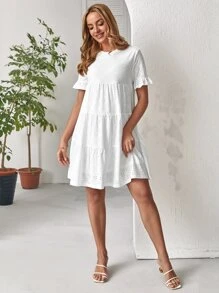 SHEIN Maternity Eyelet Embroidery Flounce Sleeve Ruffle Hem Smock Dress - White - View 5